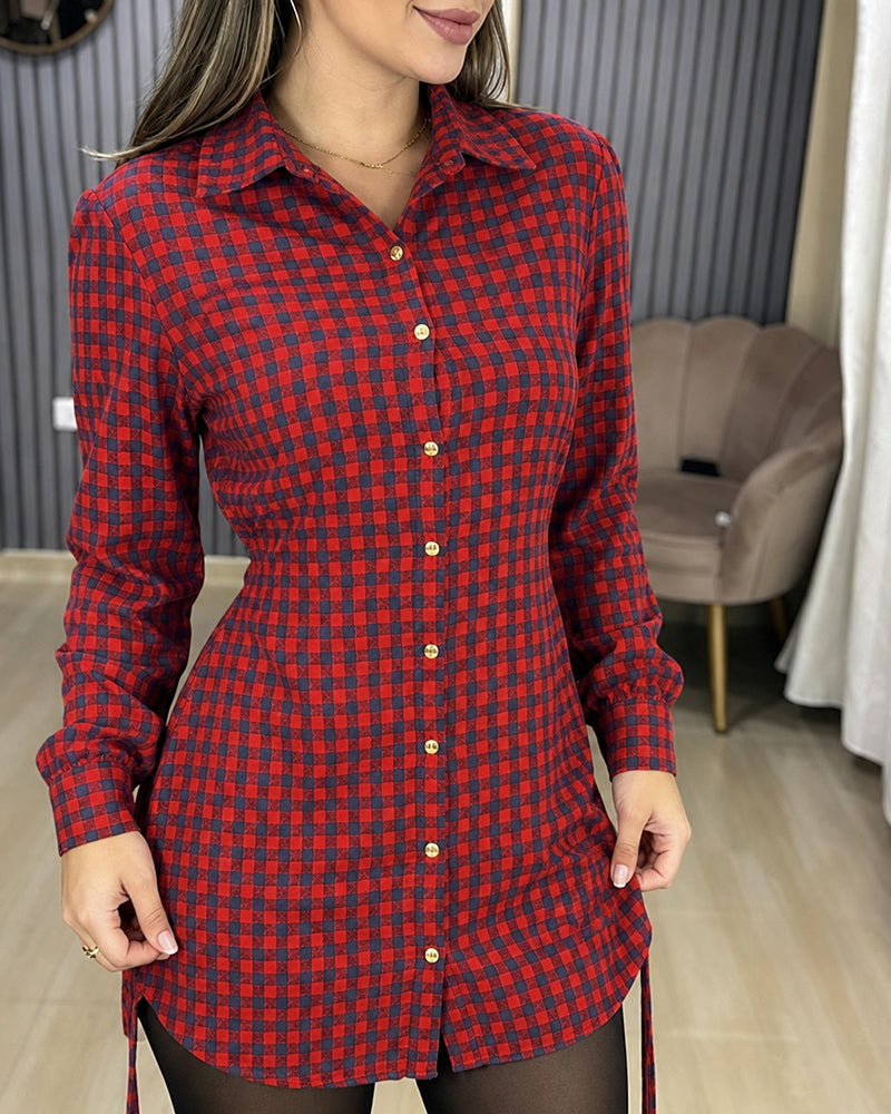 Women's Vintage Plaid Drawstring Long Sleeve Casual Dress Shirred Button Down Shirt Dress