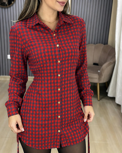 Women's Vintage Plaid Drawstring Long Sleeve Casual Dress Shirred Button Down Shirt Dress