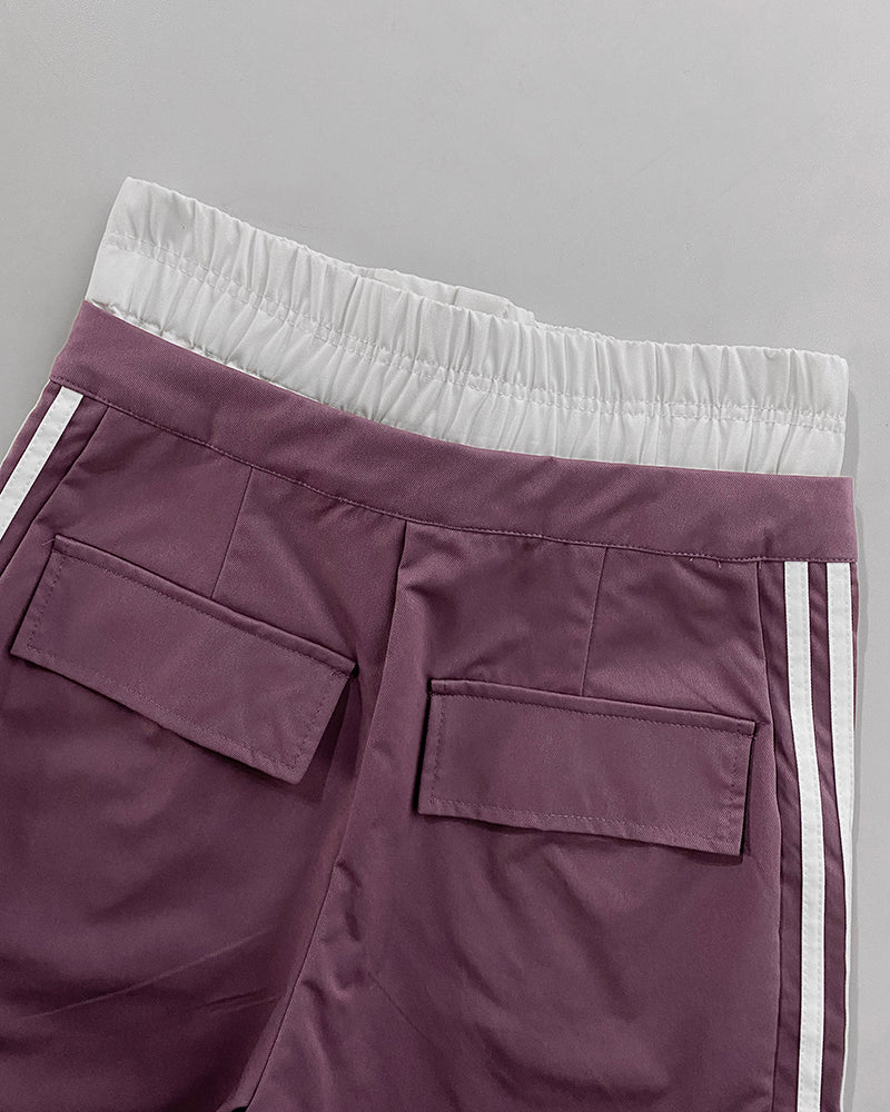 Contrast Side Striped Zipper Fly Stretchy High Waist Pants Flap Pockets Design Double Waistband Cargo Pants