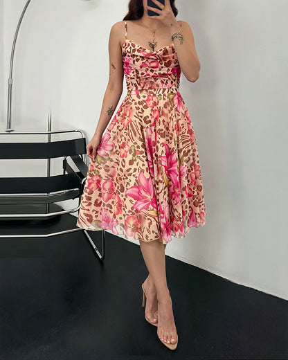 Women's Leopard Floral Mesh Midi Dress Sexy Cowl Neck Cami Dress High Waisted Ruched Backless A Line Sundress