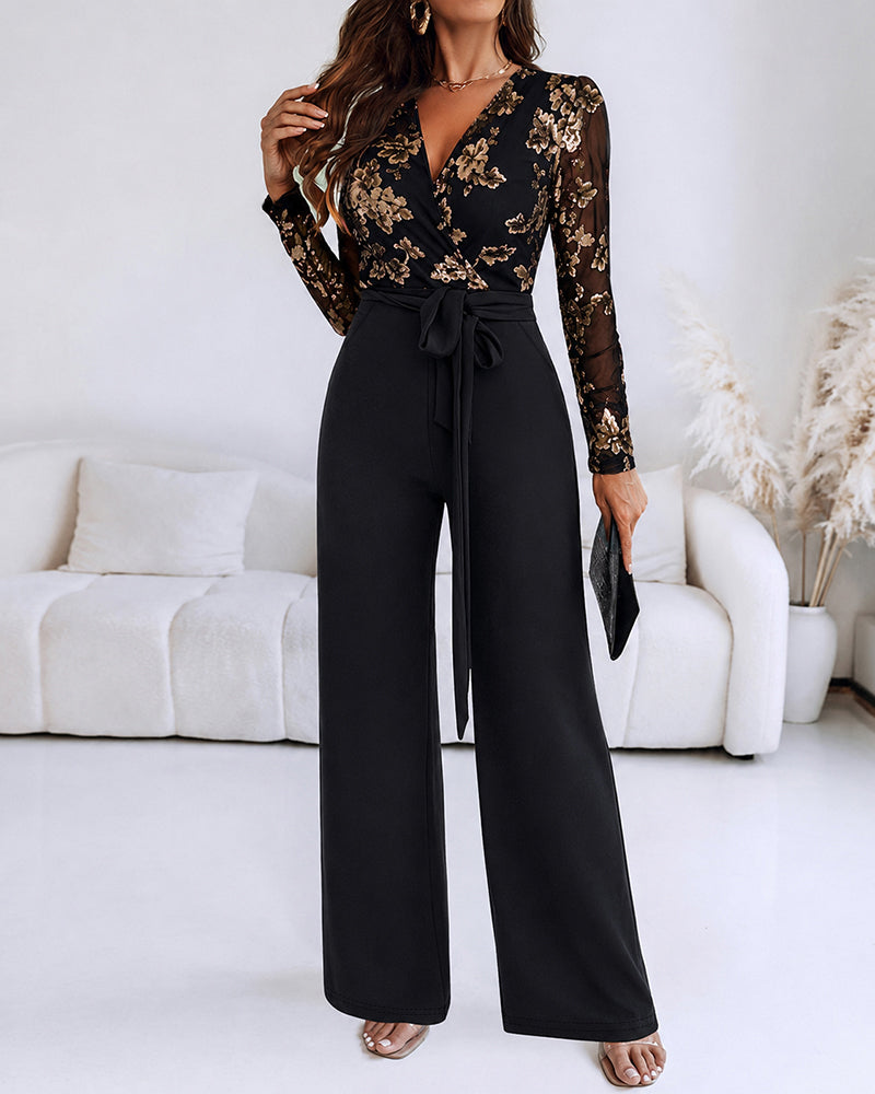Women's Sequin Jumpsuit Sheer Mesh V Neck Long Sleeve Straight Leg Evening Overalls with Belt