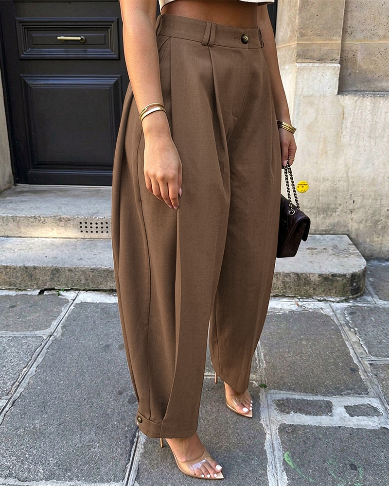 Pantalon sarouel femme taille haute à plis, poches et bas de jambes boutonnés