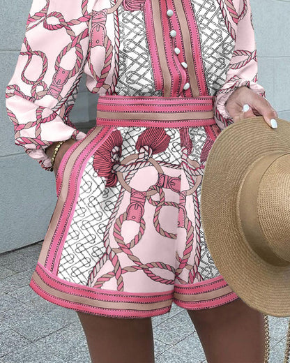 Chain Print Stand Collar Lantern Sleeve Button Front Top and Casual Elastic Waist Shorts Set