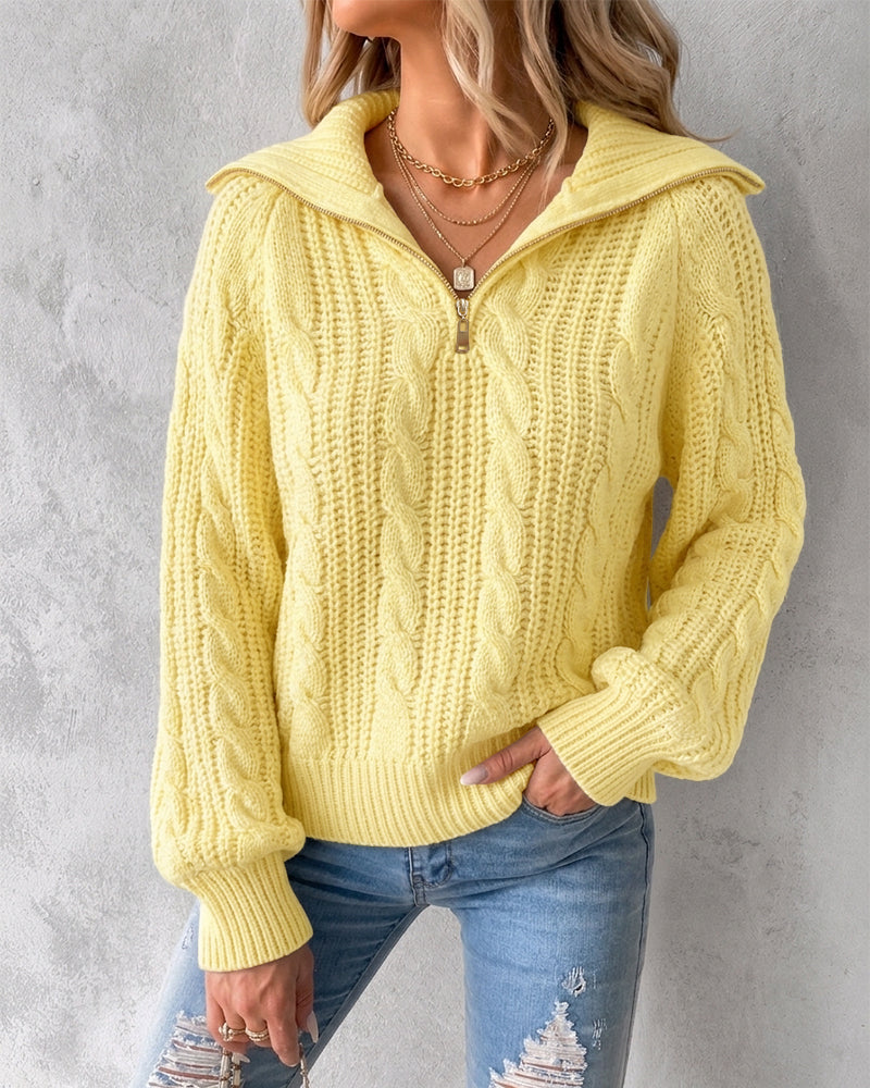 Women's Half Zip Cable Knit Sweater Lapel Long Sleeve Loose Pullover with Thumb Holes