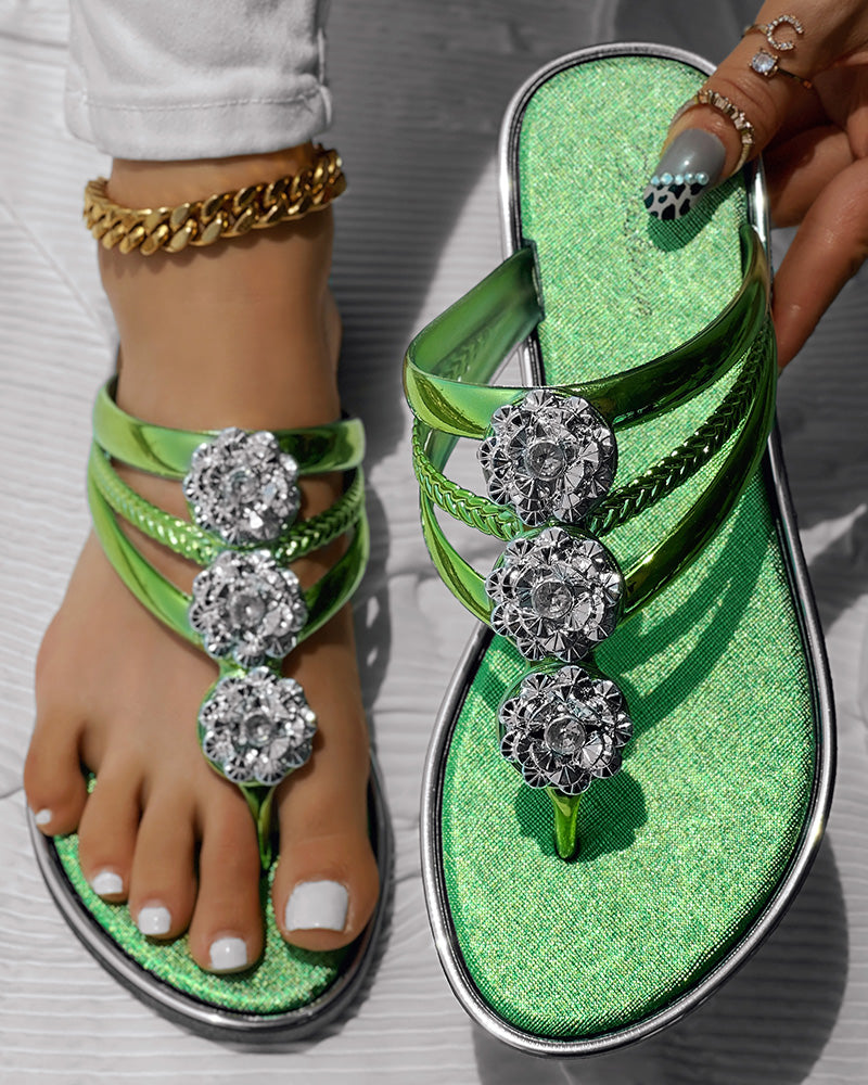 Rhinestone Floral Pattern Hollow Out Flip Flops Slippers