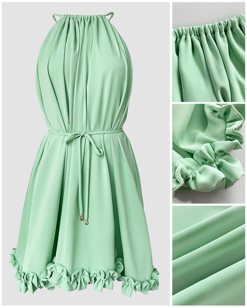 Halter Tie Sleeveless Cinched Waist Ruffle Trim Party Dress Casual Tie Waist Ruched Vacation Dress with Built-In Shorts