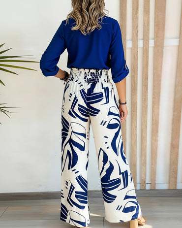 2 Piece Outfit Stand Collar Long Sleeve Blouse and Casual Floral Print Wide Leg Pants Set with Pockets
