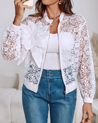 3D Flower Decor Stand Collar Zipper Front Sheer Lace Crop Jacket Casual Stretchy Cuffs Lightweight Breathable Loose Fit Coat