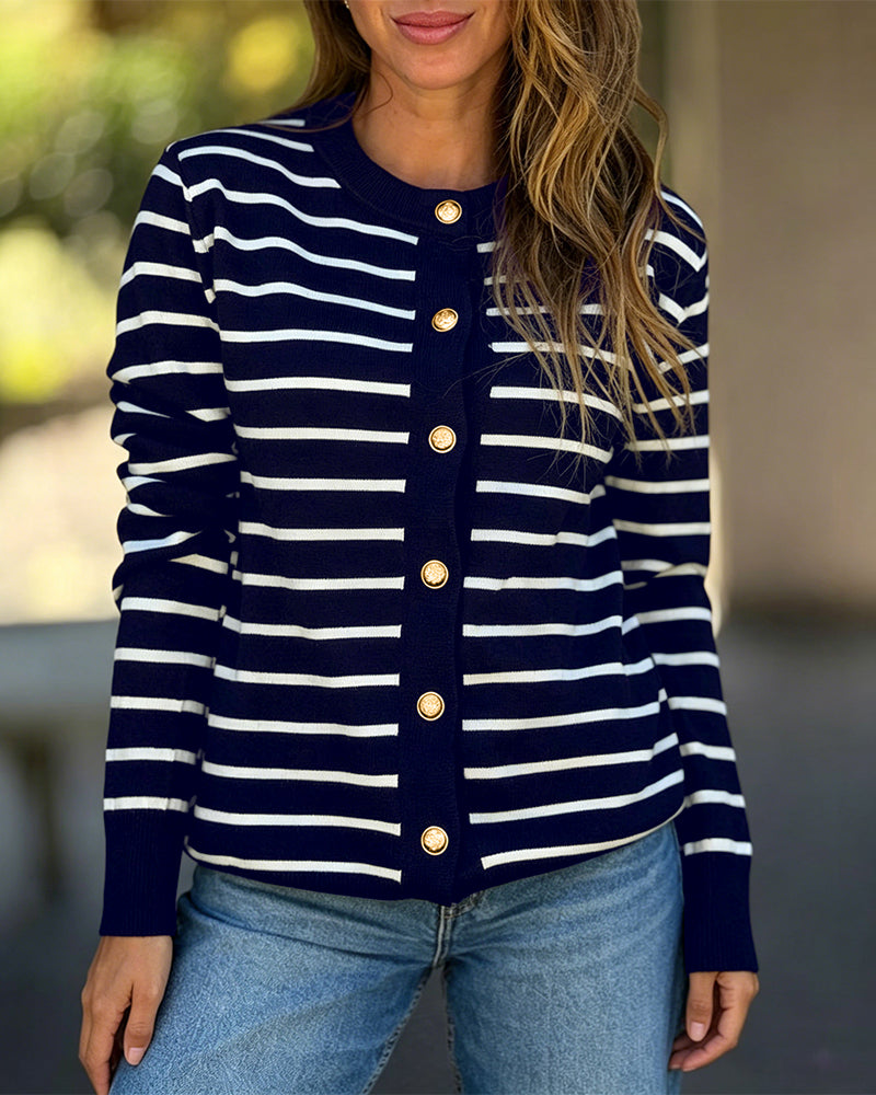 Women's Striped Knit Cardigan Casual Crewneck Button Down Sweater Vintage French Style Long Sleeve Top