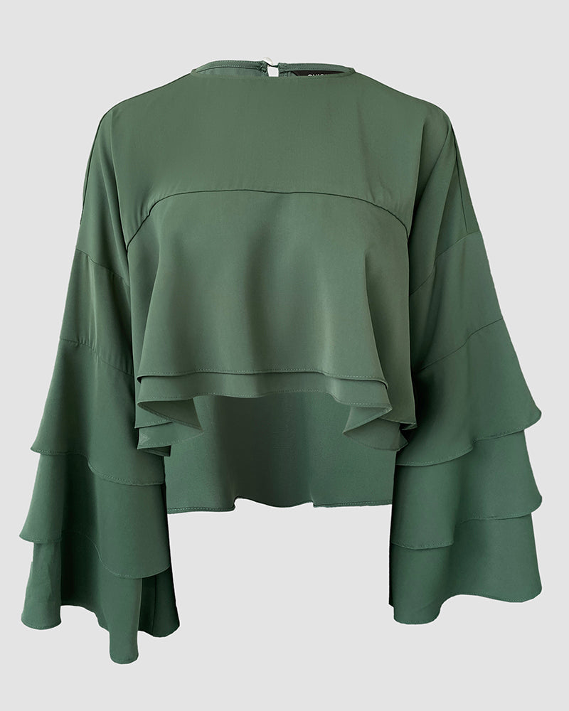 Round Neck Bell Sleeve Crop Top Casual Loose Fit Layered Blouse
