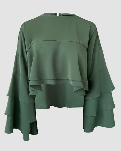 Round Neck Bell Sleeve Crop Top Casual Loose Fit Layered Blouse