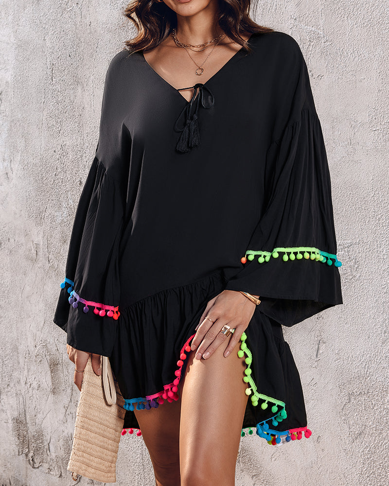 Colorblock V-Neck Bell Sleeve A Line Tassel Mini Dress Vacation Dress