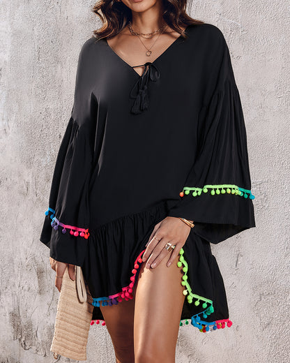 Colorblock V-Neck Bell Sleeve A Line Tassel Mini Dress Vacation Dress