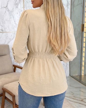 Women's Turn-Down Collar Button Down Shirred Waist Roll Up Sleeve Blouse