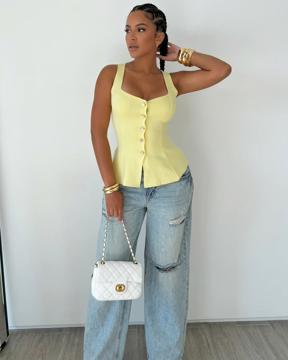 Women's Square Neck Knit Tank Top Gold Button Cinch Waist Peplum Vest