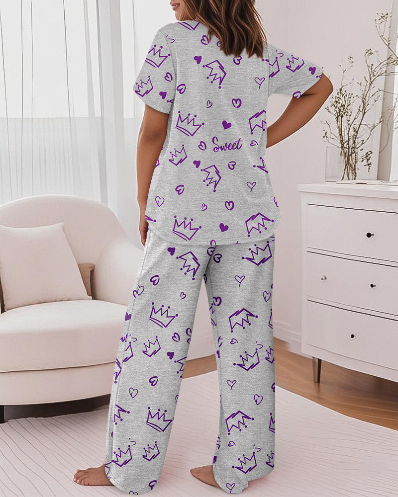 2 Pieces Outfit Sweet Letter Print Short Sleeve Top and Elastic Waist Pants Set Casual Crown & Heart Print Pajamas Set