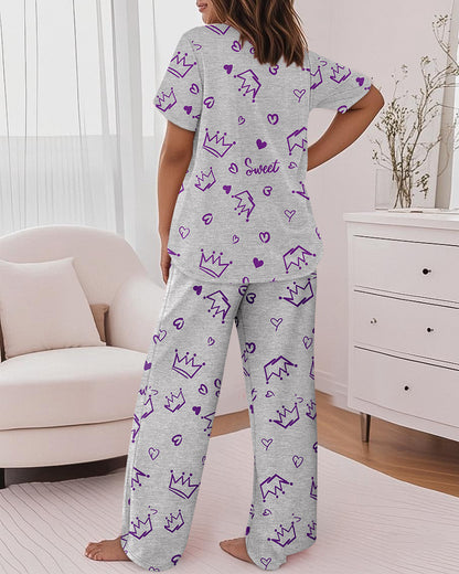 2 Pieces Outfit Sweet Letter Print Short Sleeve Top and Elastic Waist Pants Set Casual Crown & Heart Print Pajamas Set