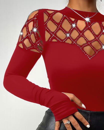 Rhinestone Hollow Out Cold Shoulder Long Sleeve Top Casual Tee