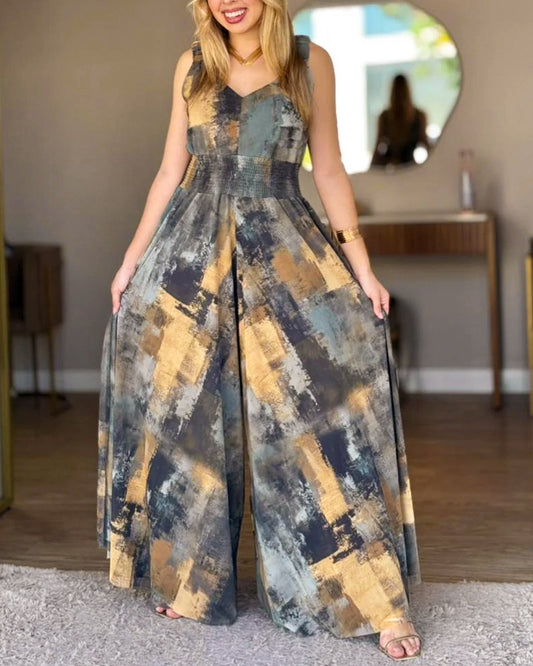 Abstract Oil Painting Print V-Neck Stretchy Thick Straps High Waist Backless Overalls Casual Shirred Waist Cinched Waist Wide Leg Jumpsuit