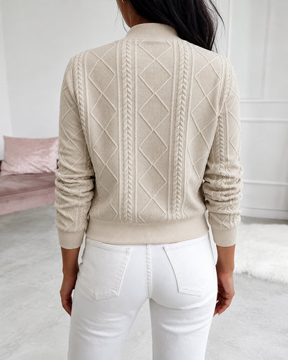 Women's Vintage Cable Knit Bomber Jacket Casual Argyle Zip Up Crop Coat with Pockets