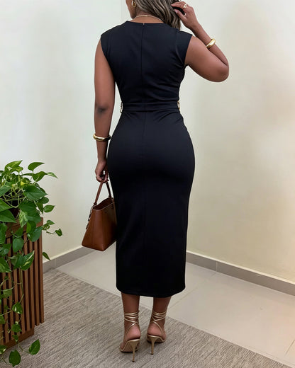 Women's Sleeveless Midi Dress Gold Buckle Ruched Front Slit Bodycon Dress