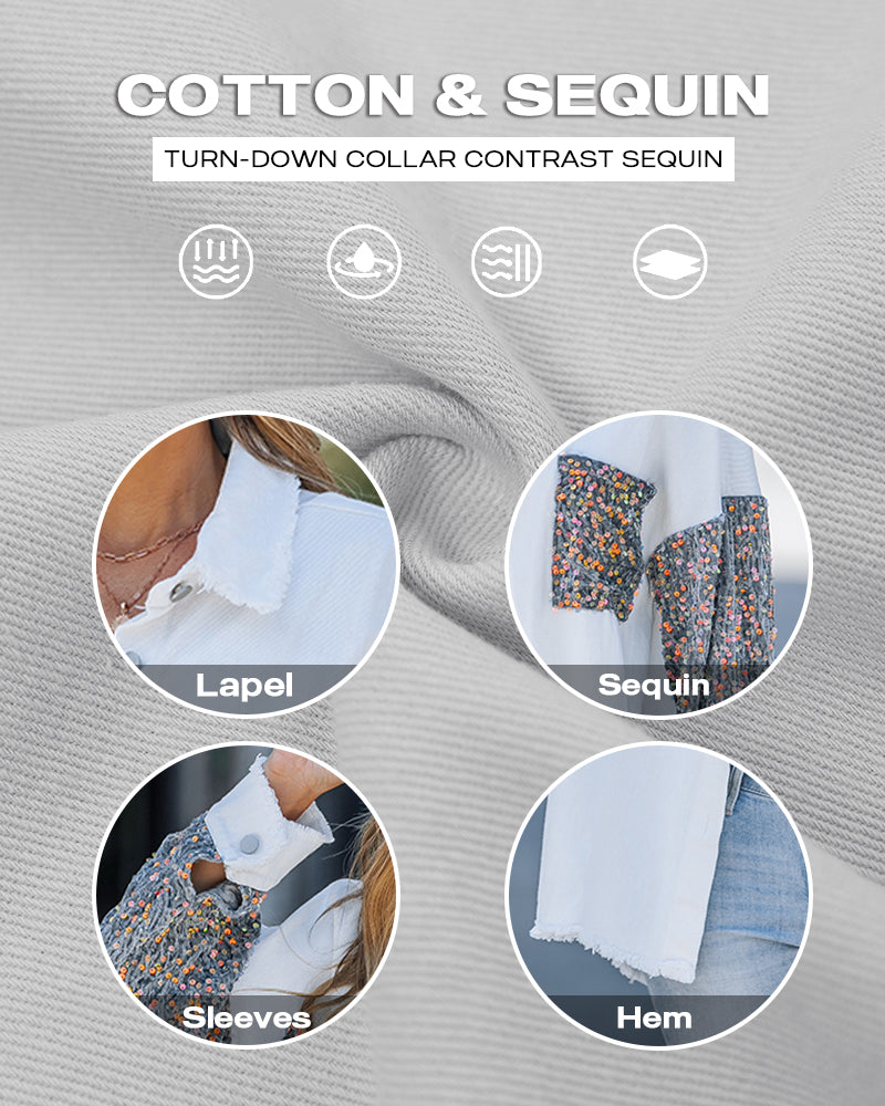 Casual Jacket Sequin Patchwork Long Sleeve Jacket Top Button Front Raw Hem Oversized Denim Shacket