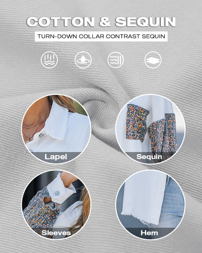 Casual Jacket Sequin Patchwork Long Sleeve Jacket Top Button Front Raw Hem Oversized Denim Shacket