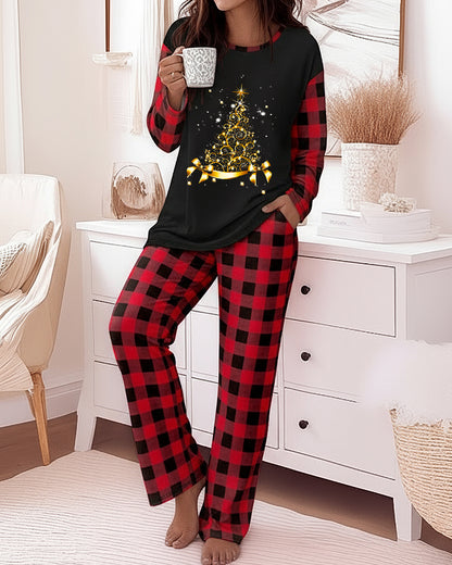 2 Pieces Outfit Christmas Tree Print Plaid Print Spliced Long Sleeve Top and Plaid Print Elastic Waist Pants Set Casual Pajamas Set