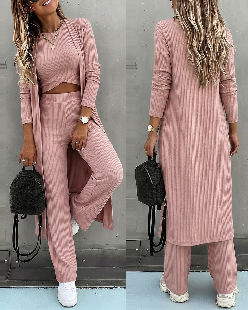 Women's 3 Piece Knit Set Long Cardigan Criss Cross Crop Tank Top and Wide Leg Pants Casual Ribbed Brushed Lounge Set