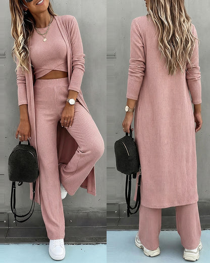 Women's 3 Piece Knit Set Long Cardigan Criss Cross Crop Tank Top and Wide Leg Pants Casual Ribbed Brushed Lounge Set
