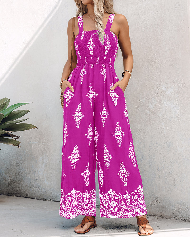 Graphic Print Square Neck Thick Strap Shirred Jumpsuit Wide Leg Overalls with Pockets