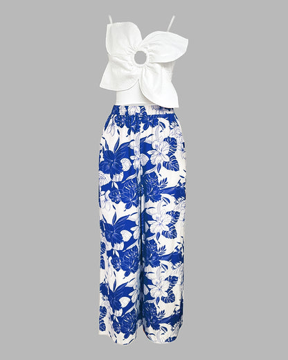 2 Pieces Outfit 3D Flower Decor Asymmetrical Neck Spaghetti Strap Top and Casual Floral Print Wide Leg Pants Set