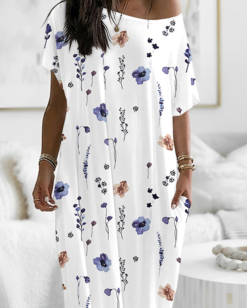 Floral Print Skew Neck Short Sleeve Maxi Nightdress Casual Loose Fit Loungewear with Pockets