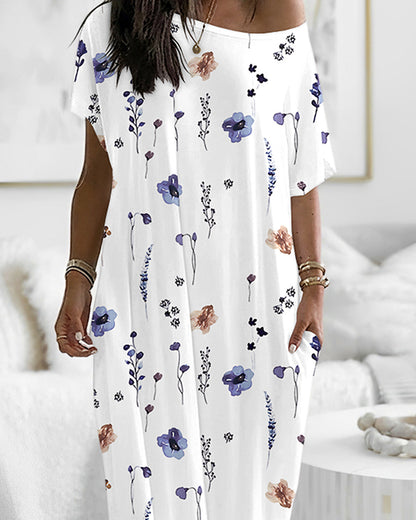 Floral Print Skew Neck Short Sleeve Maxi Nightdress Casual Loose Fit Loungewear with Pockets