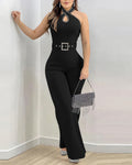 Rhinestone Decor Criss Cross Halter Sleeveless Hollow Water Drop Front Overalls Elegant High Waist Zipper Back Jumpsuit with Rhinestone Decor Belt