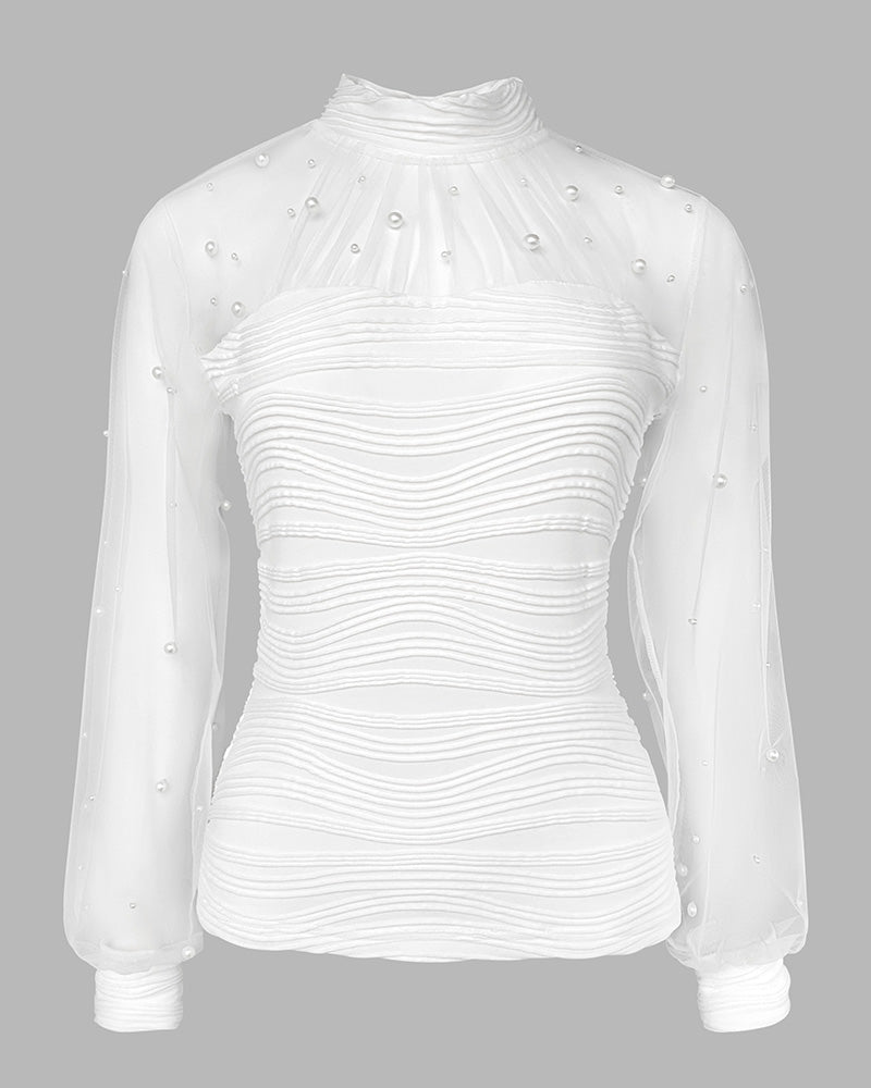 Pearls Decor High Neck Sheer Mesh Spliced Ruched Tee Hollow-out Back Slim Fit Textured Top