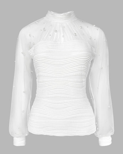 Pearls Decor High Neck Sheer Mesh Spliced Ruched Tee Hollow-out Back Slim Fit Textured Top