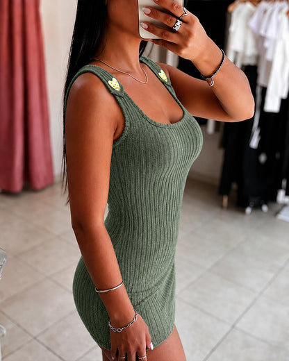 Women's Square Neck Mini Dress Ribbed Knit Sleeveless Tank Dress Gold Heart Button Backless Bodycon Party Dress