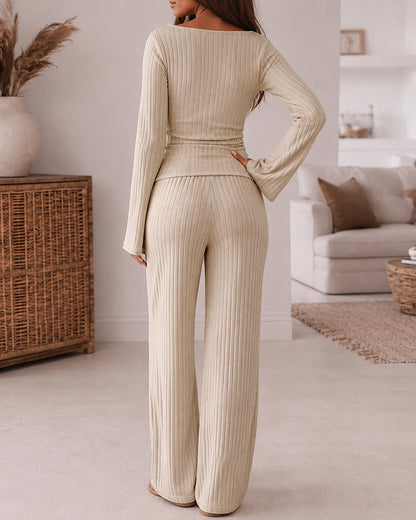 Women's 2 Piece Ribbed Knit Lounge Set Boat Neck Flare Sleeve Ruched Top and Wide Leg Pants Set