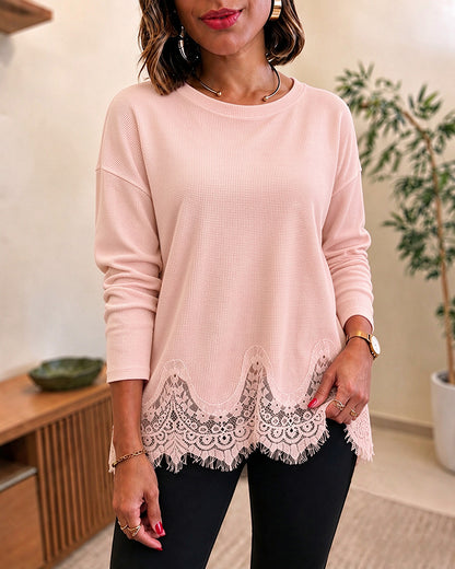 Women's Waffle Knit Crewneck Eyelash Lace Trim Loose Casual Top