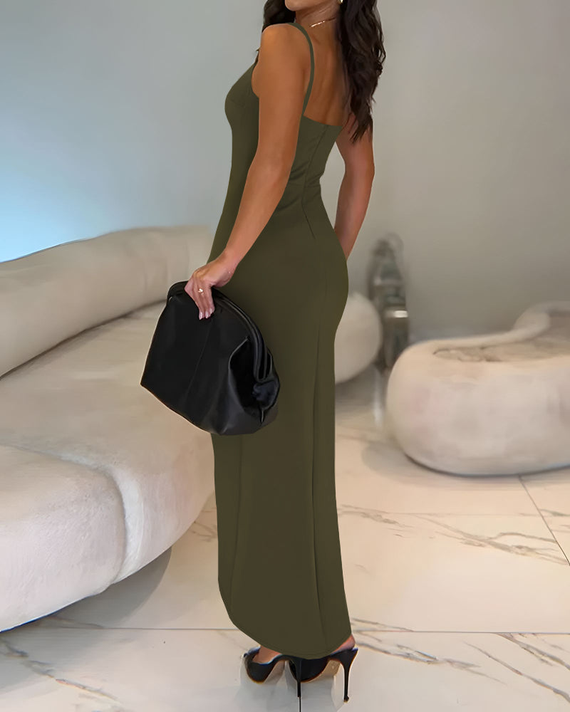 Sexy Square Neck Thick Strap Backless Slit Dress