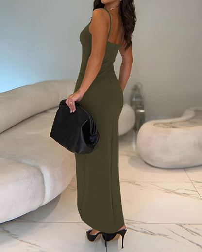 Sexy Square Neck Thick Strap Backless Slit Dress