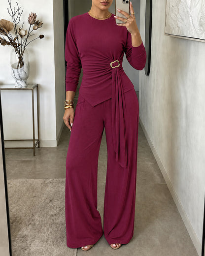 Women's 2 Piece Ribbed Knit Set Gold Buckle Asymmetric Long Sleeve Draped Top and Wide Leg Pants Set