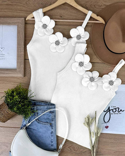 1PC Floral Pattern Beaded Decor Knit Tank Top Sleeveless Shirt