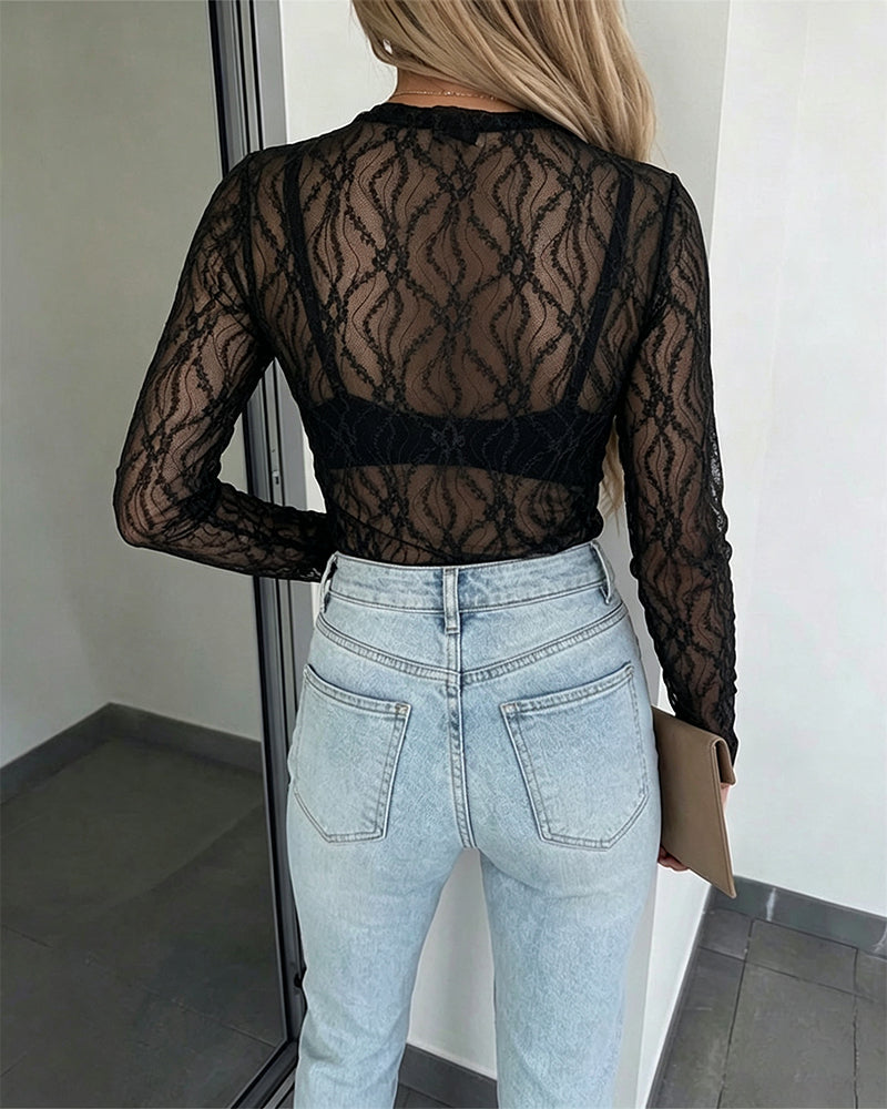 Women's Jacquard Textured Sheer Lace Long Sleeve Top Crewneck Slim Fit Tee with Thumb Holes