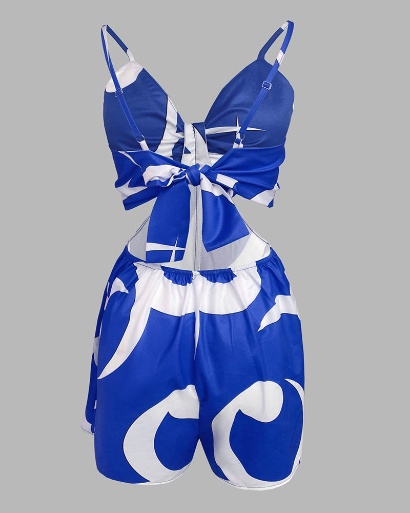 Floral Print Deep V-Neck Adjustable Spaghetti Straps Romper Casual Tied Back Cutout Slim Fit Skort Romper