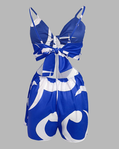 Floral Print Deep V-Neck Adjustable Spaghetti Straps Romper Casual Tied Back Cutout Slim Fit Skort Romper