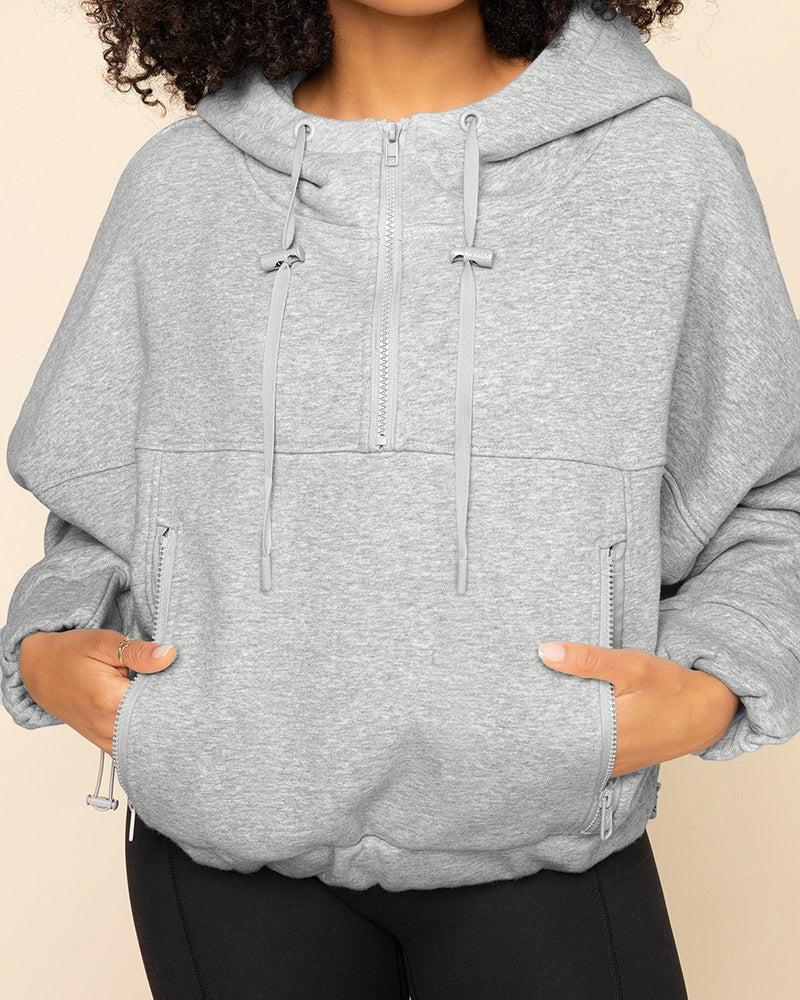Women's Half-Zip Cropped Pullover Hoodie Drop Shoulder Drawstring Sweatshirt