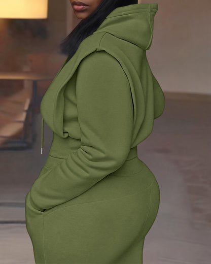 2-teiliges Outfit, langärmliges, kurzes Kapuzenpullover-Sweatshirt mit Kordelzug, Bündchen mit Daumenlöchern und lässigem Jogginghosen-Set mit Kordelzug und elastischer Taille mit weitem Bein 
