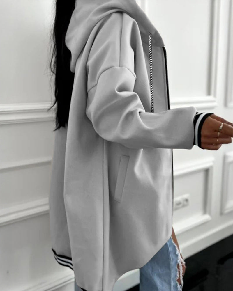 Striped Cuffs Pockets Design Zipper Front Drawstring Hoodie Jacket Casual Drop Shoulder Asymmetrical Hem Mid-length Coat